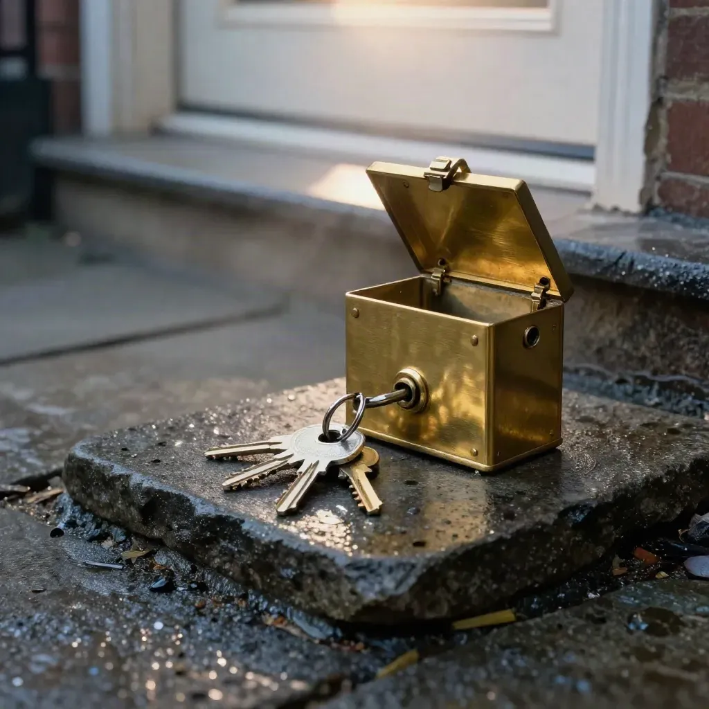 Brushed brass lockbox, three townhouse keys, and stone plinth in cold dawn rain mist.