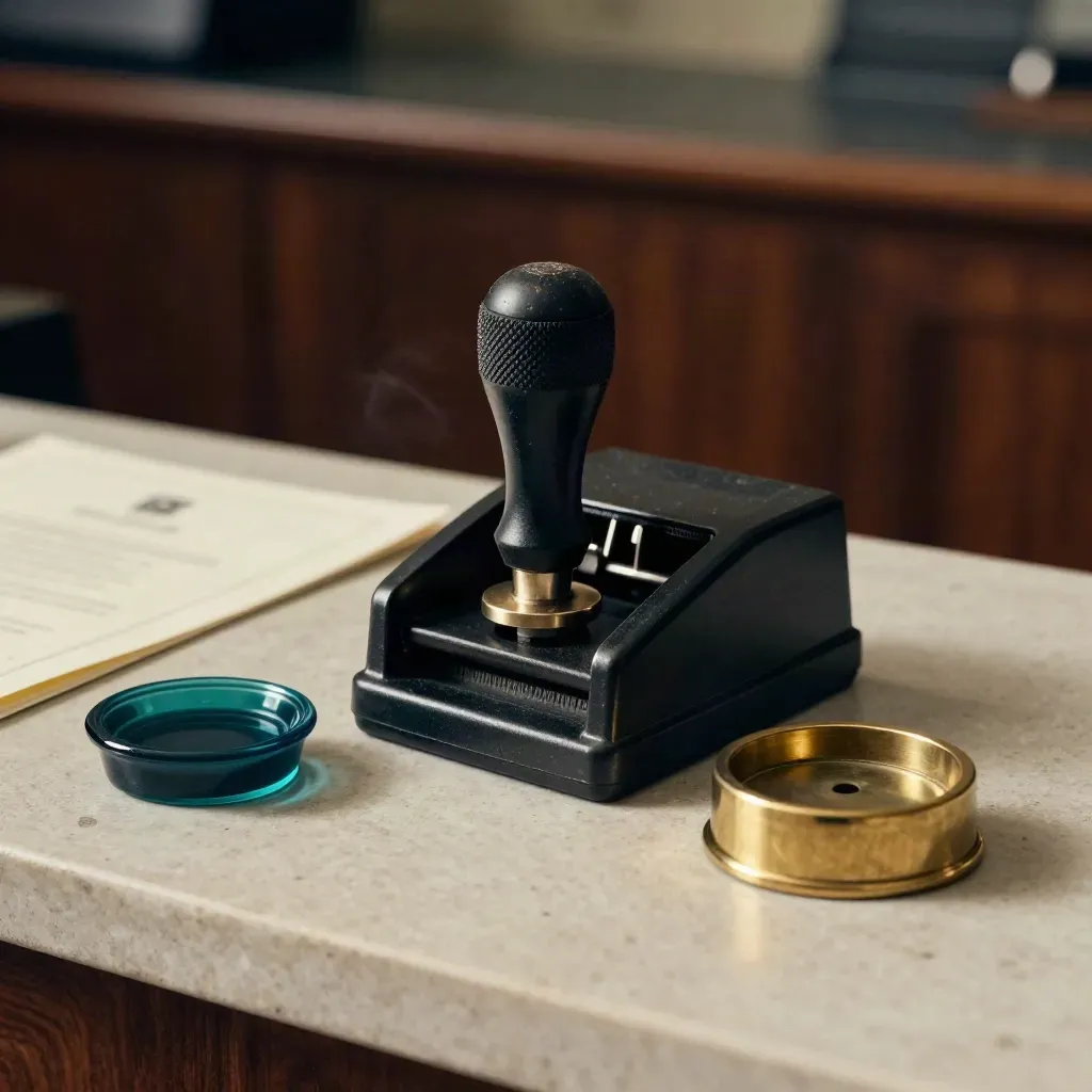 Notary embosser, wax seal puck and brass paperweight on pale stone in moody studio light