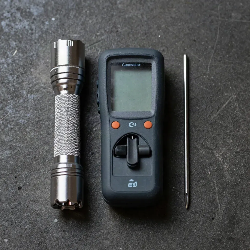 Home inspection flashlight, moisture meter, and steel probe on dark concrete.