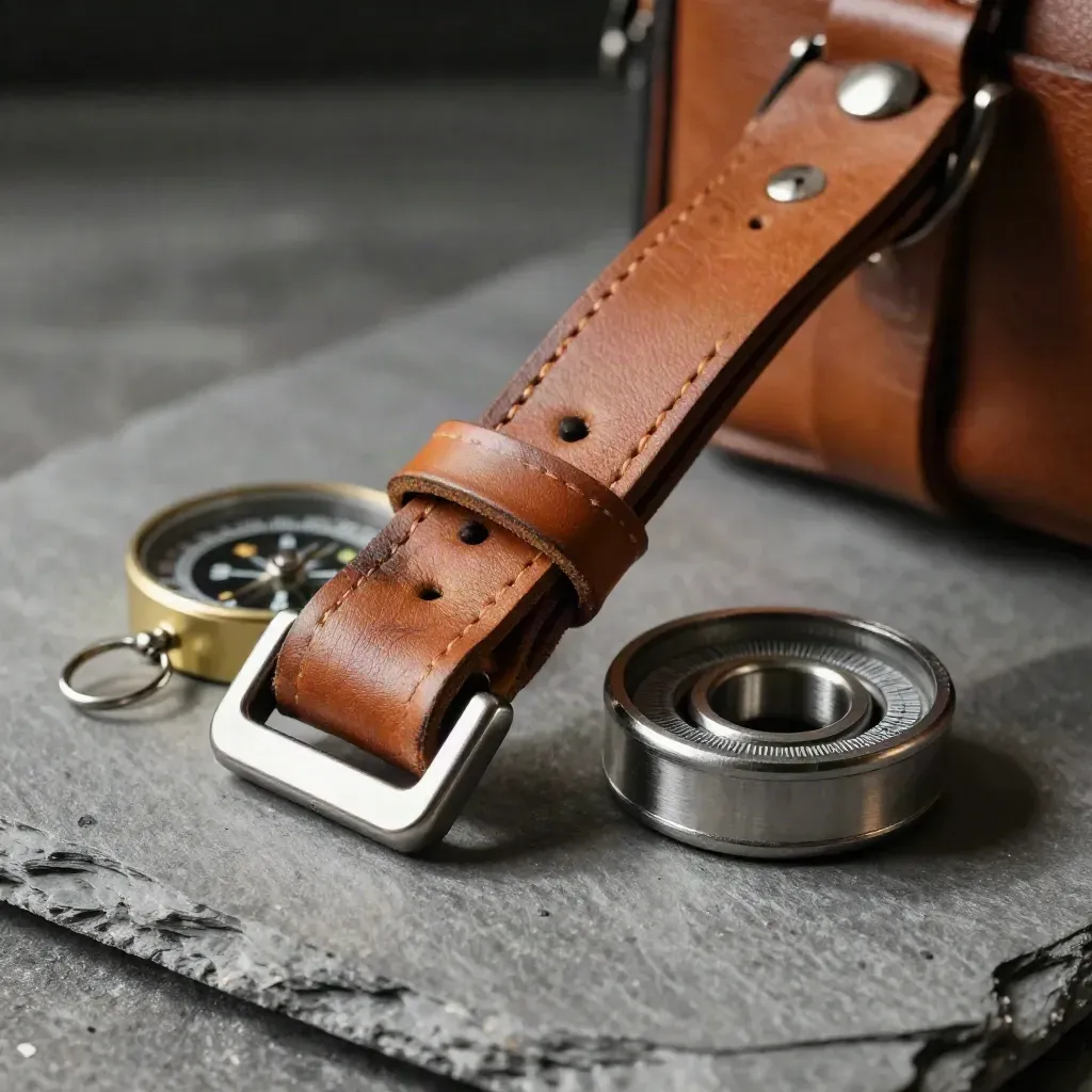 Leather strap buckle, compass, and steel bearing on slate, lit by soft daylight.