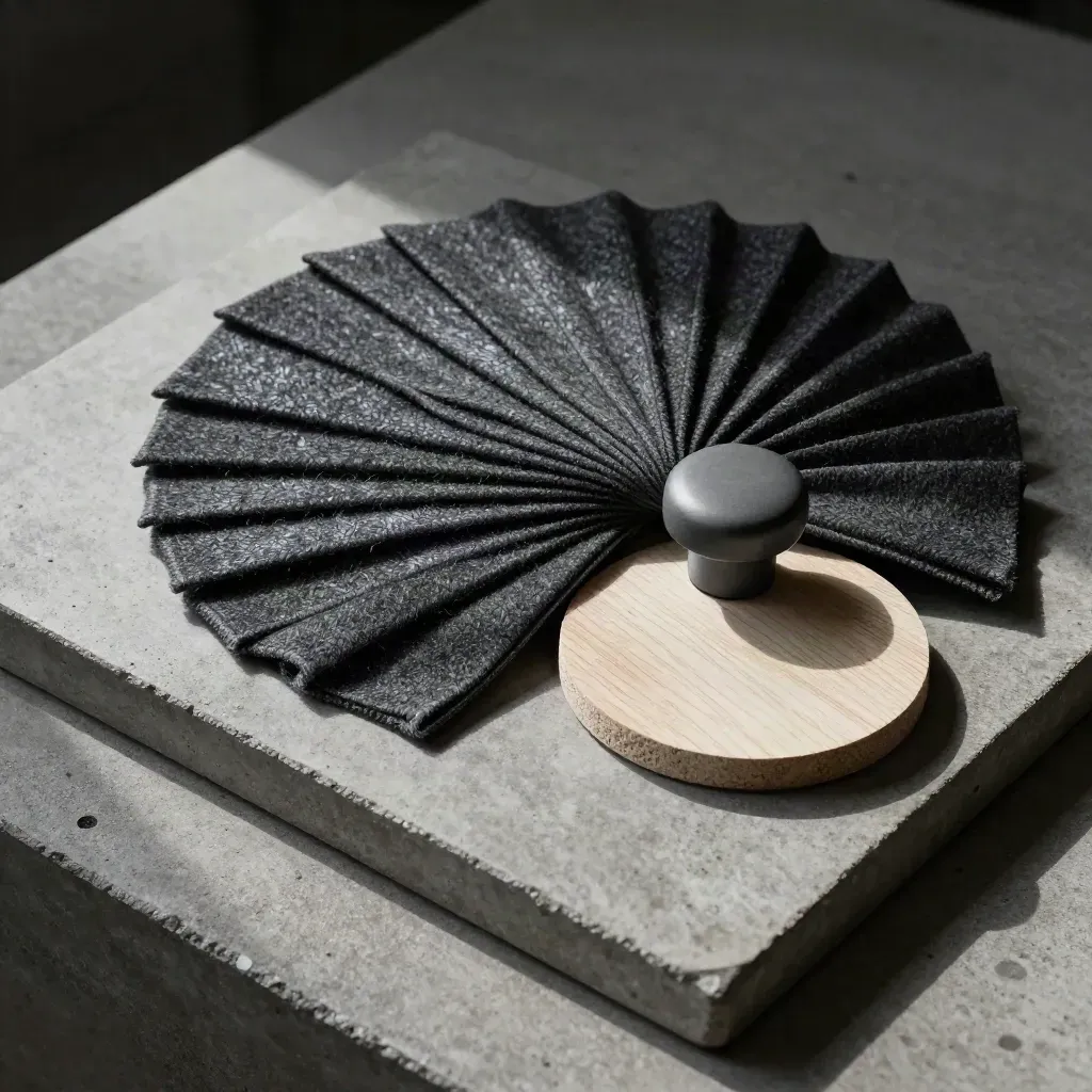 Charcoal wool swatches, ceramic knob, and oak chip on stone under cool skimming light