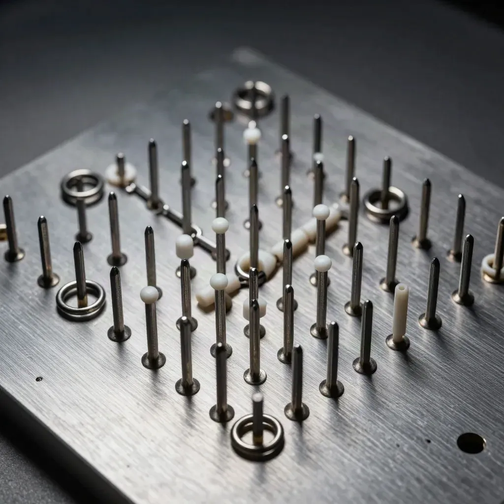 Brushed aluminum routing plate with metal pegs and linked rings in close-up