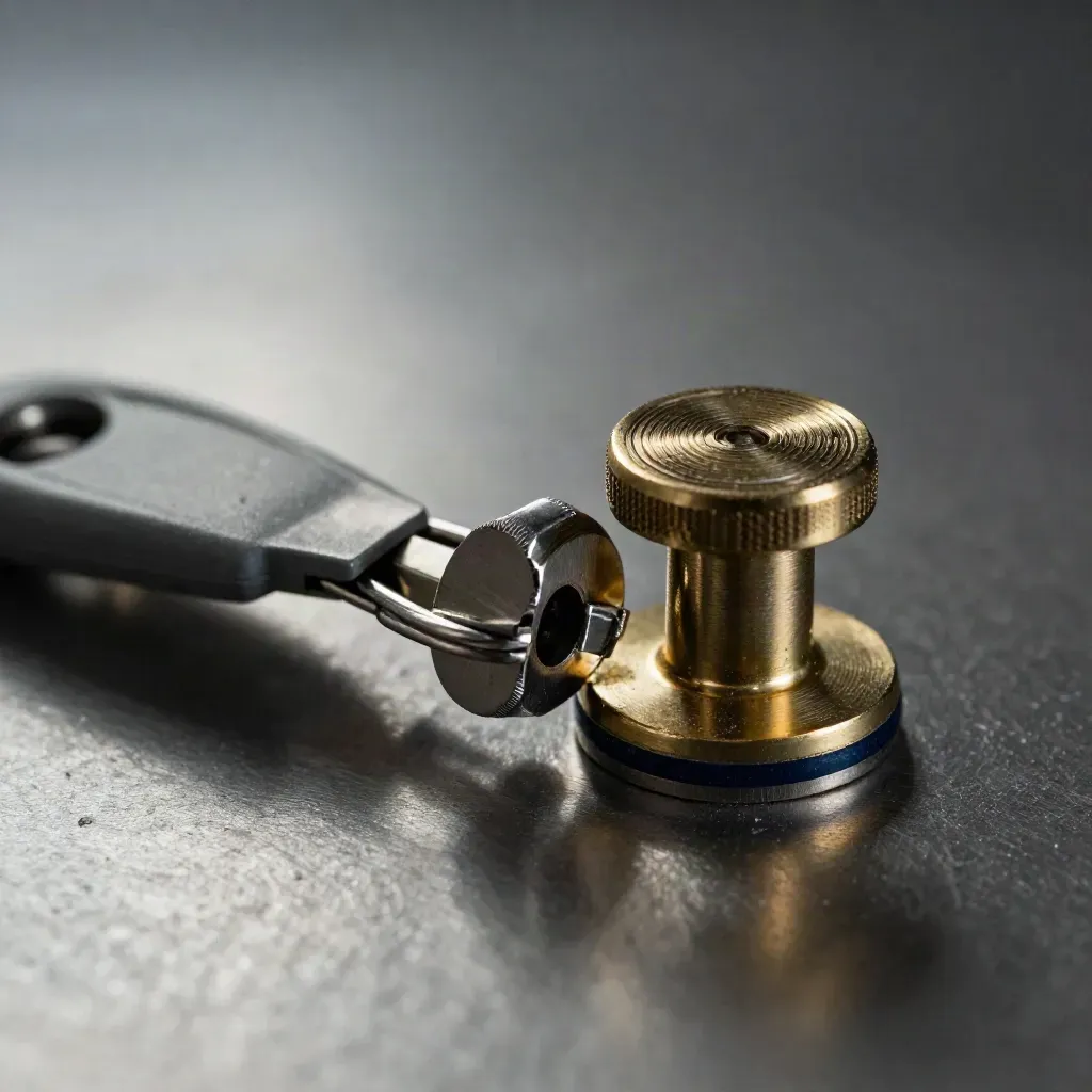 Extreme macro of a seal press, brass key fob, and graphite clip on brushed metal.