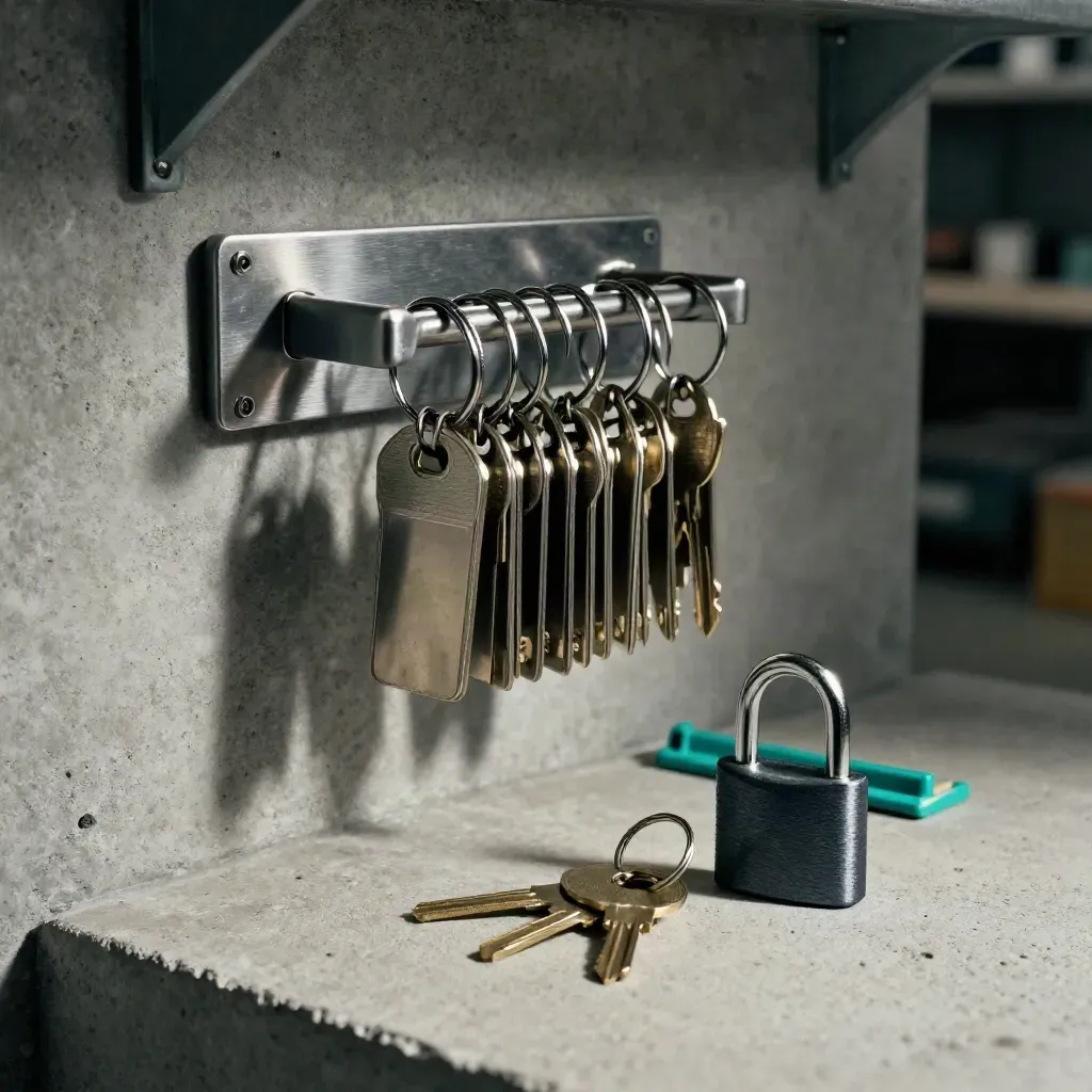 Brushed key rack, blank metal tags, and a compact padlock on pale concrete