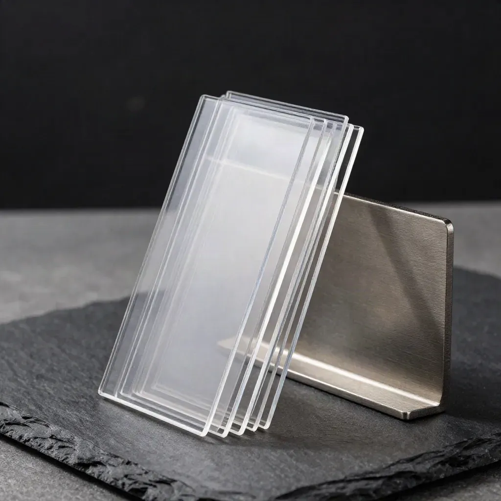 Clear acrylic profile sleeves stacked with a desk stand and steel divider on dark slate.
