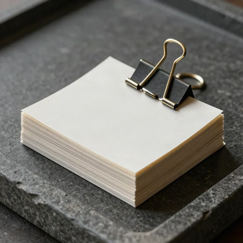 Top-down macro of clipped intake cards in a stone tray with brass binder clips