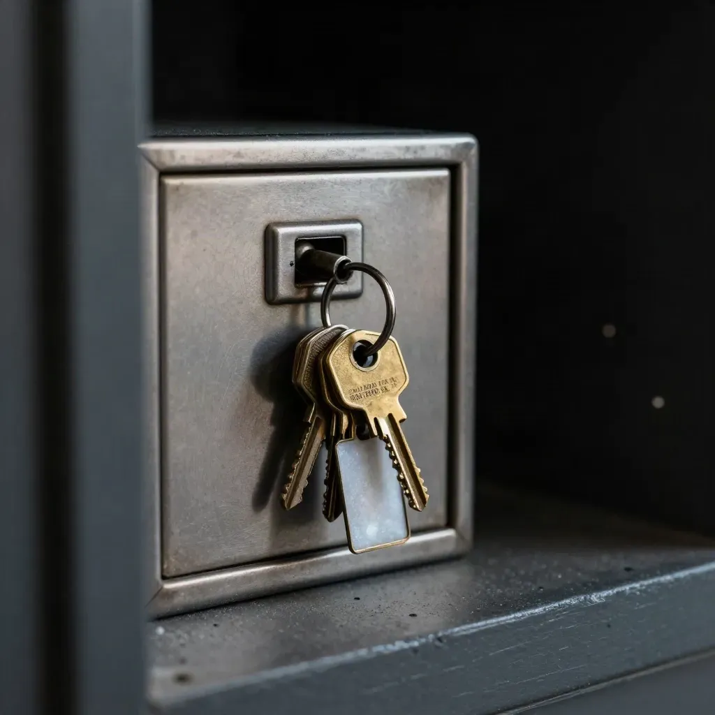Brushed steel brokerage key box with brass keys and slate tag seen through a dark doorway blur.
