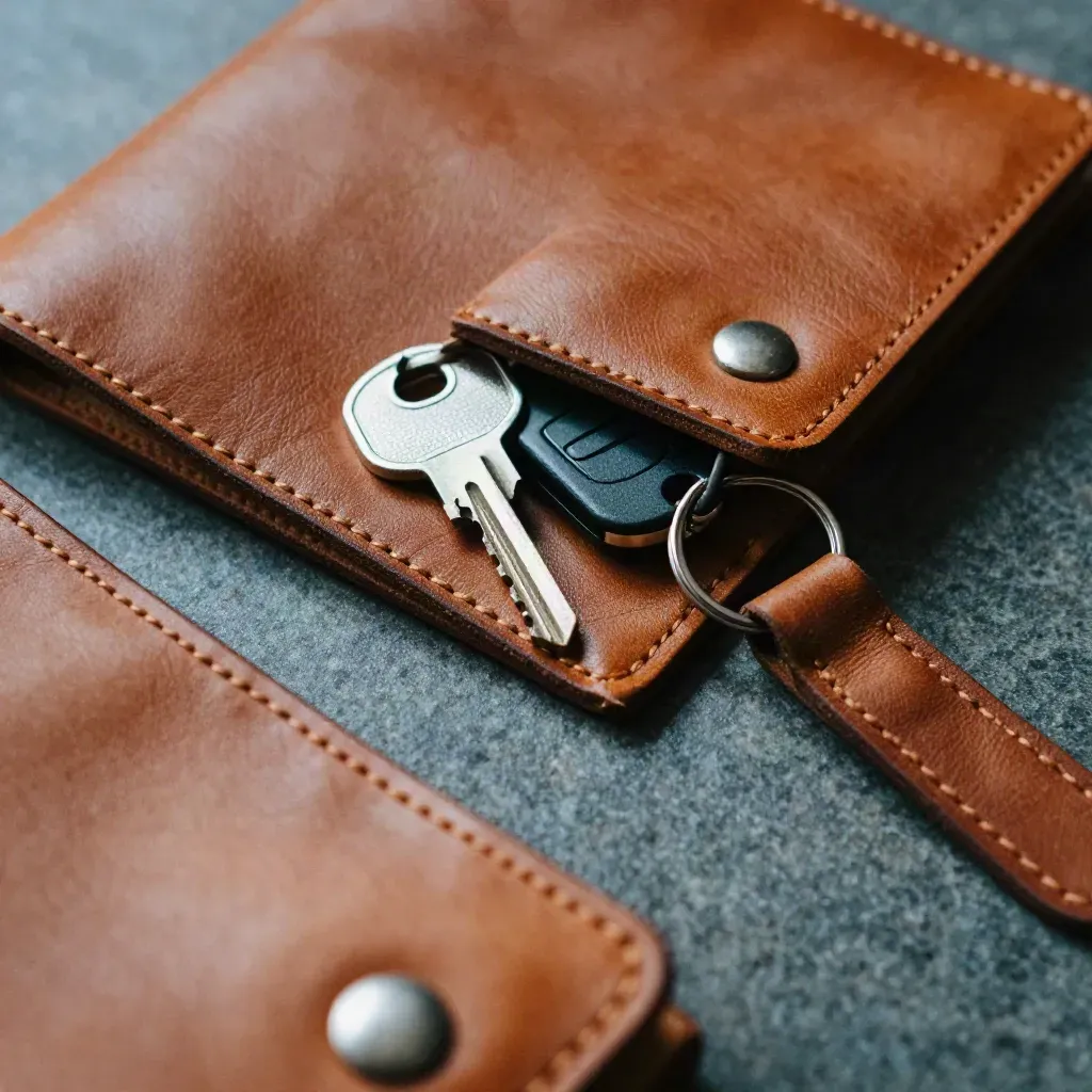 Macro still life of a leather folio with mailbox and lockbox keys on grey stone.