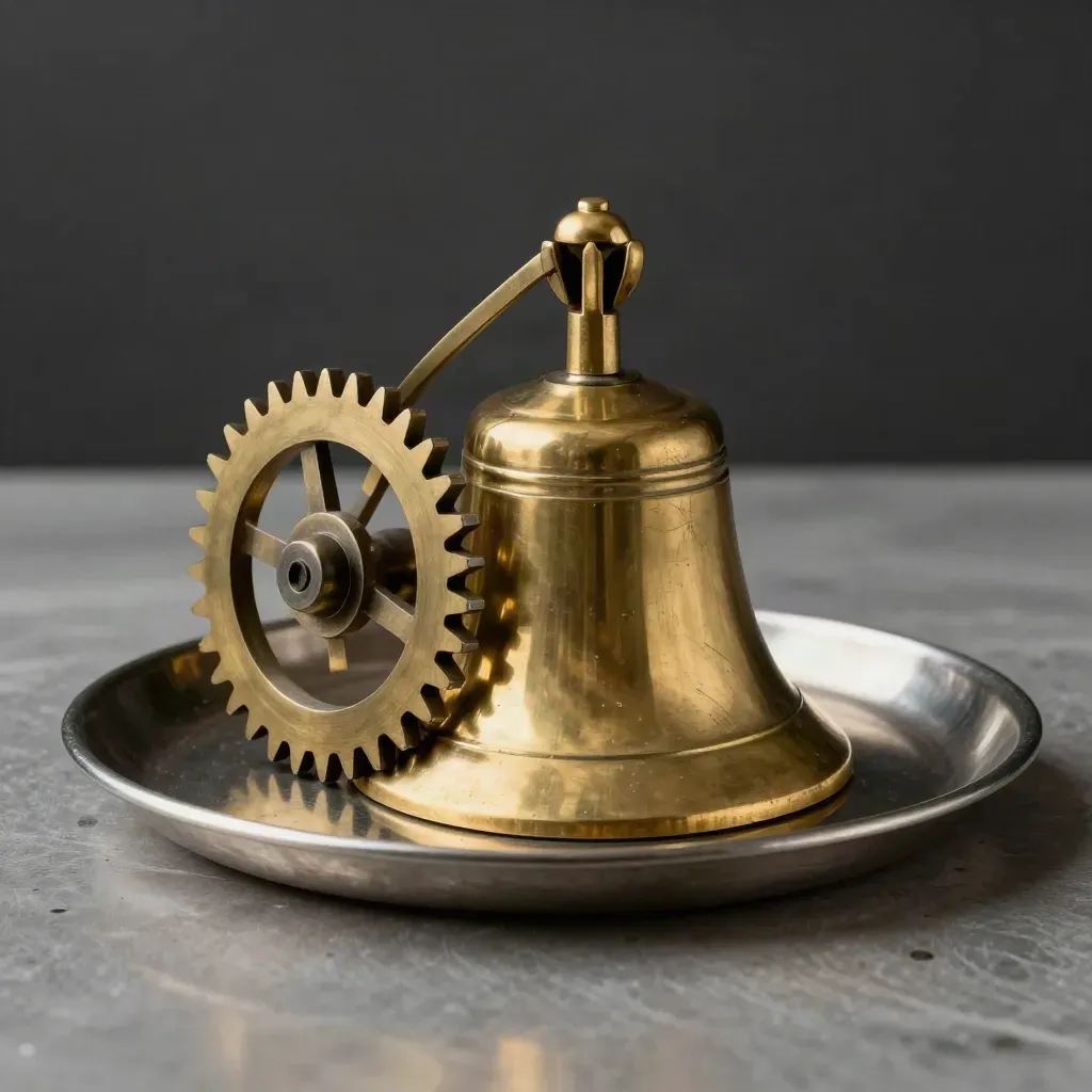 Brass bell, clock gear, and queue tray on brushed metal in a dramatic premium still life.