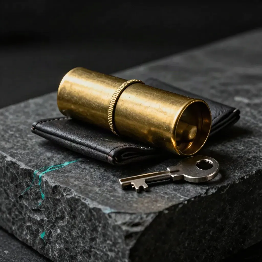 Brass message capsule, sealed pouch and key on charcoal stone with teal accent.