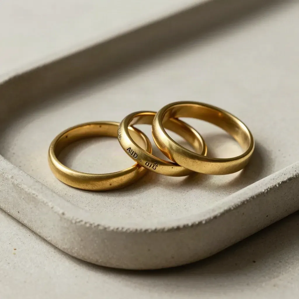 Brass referral rings and an audit token on pale concrete in a premium macro still life.