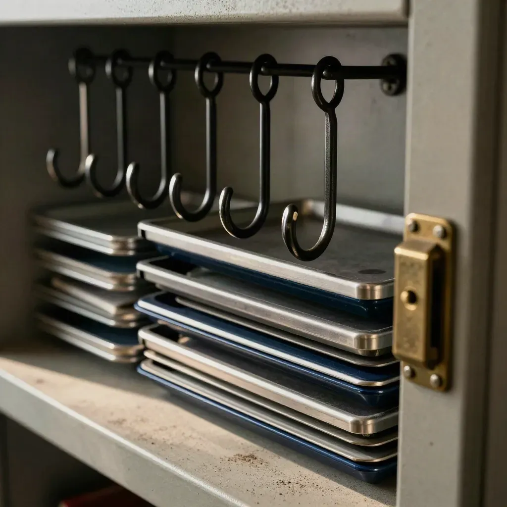 Key hooks, interoffice trays, and a brass cabinet latch on pale concrete, seen through a blurred divider.