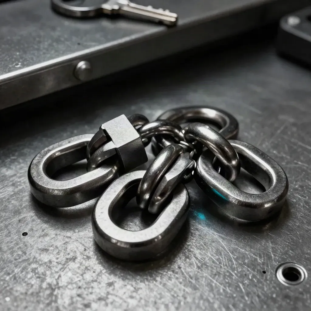 Linked metal rings and a spring clasp on brushed steel, snapped shut in dramatic low light.