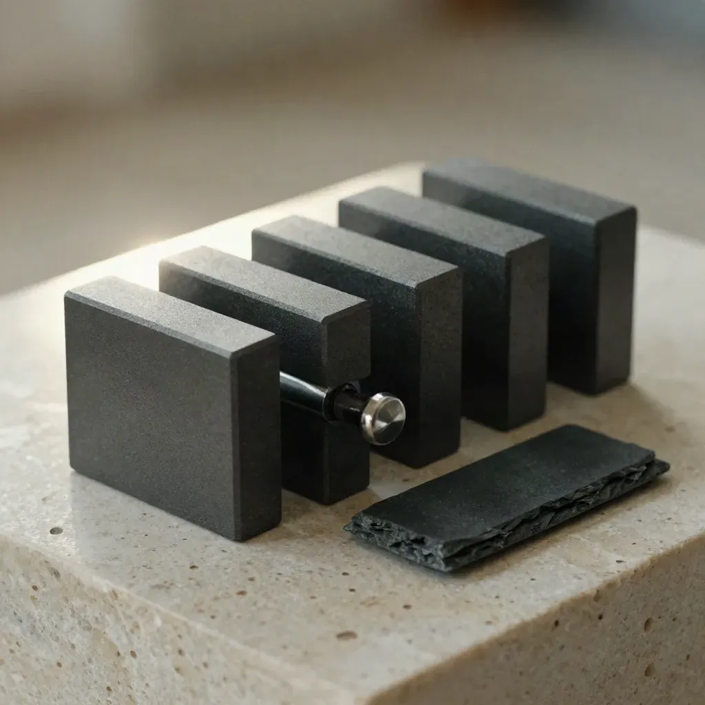 Graphite modular blocks aligning under a precision pin on pale stone, in macro light.