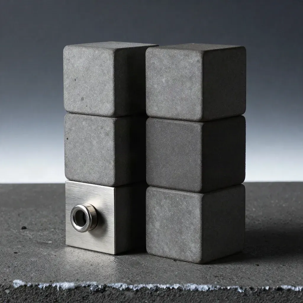 Stacked ceramic cubes beside a steel joiner and ring connector on dark concrete