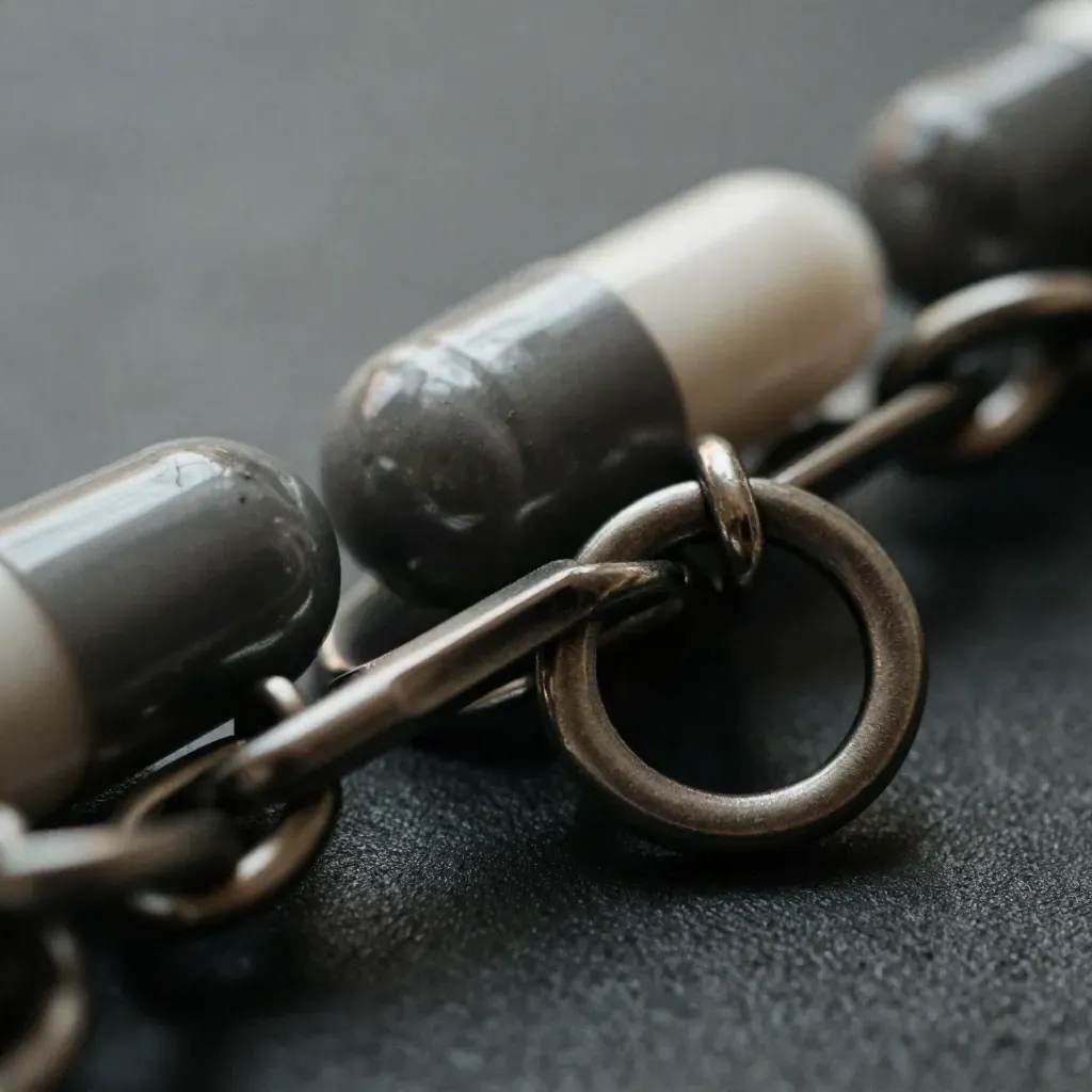 Top-down macro of polished connector parts linked in a premium chain on brushed metal.