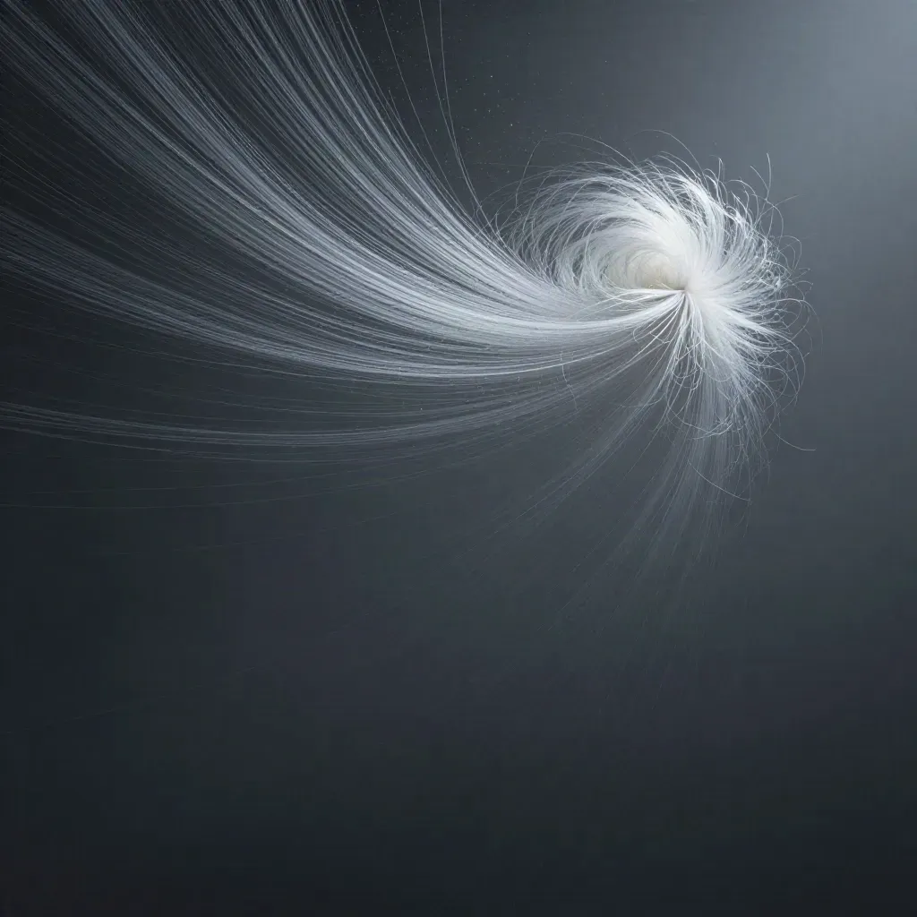 Silver filaments converge into a soft white bloom in dark graphite haze.